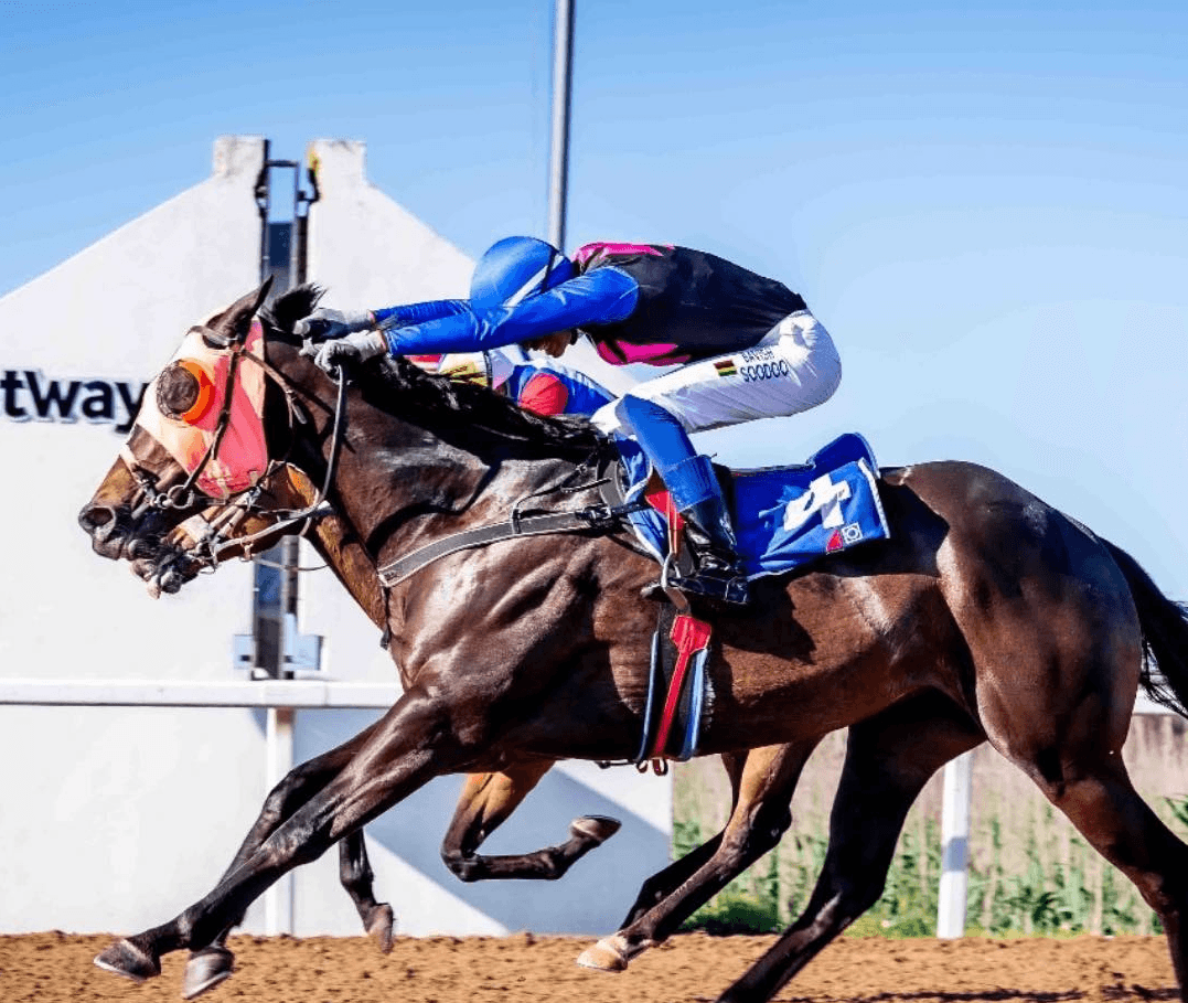 Ravilious driving to the line at Fairview in the SAPFS black and pink silks with Bavish Soodoo aboard